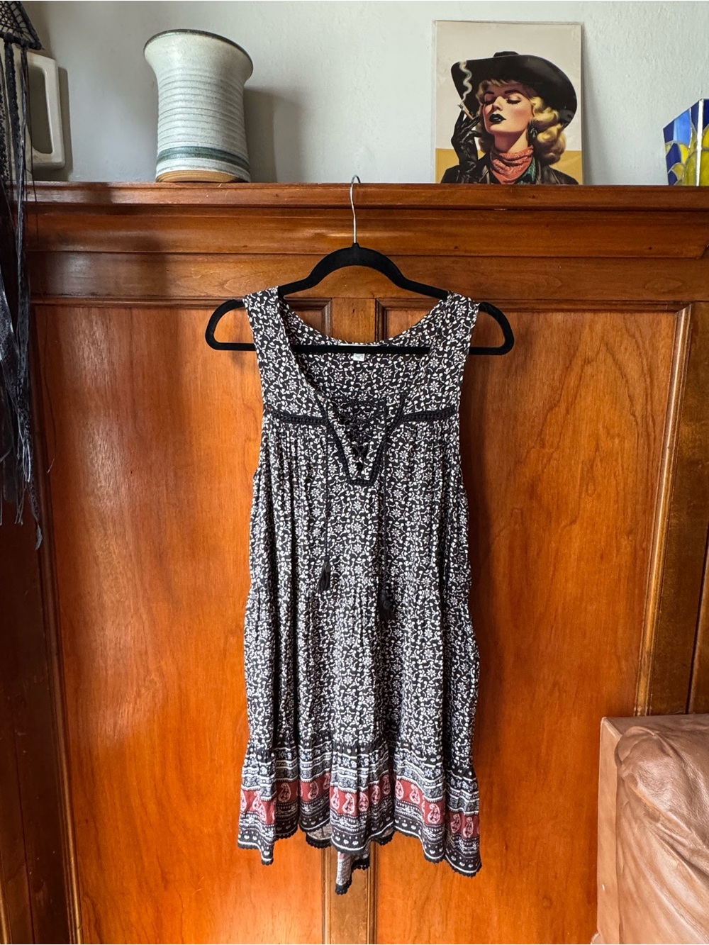 American Eagle Outfitters Patterned Babydoll Dress with Red Hem Border